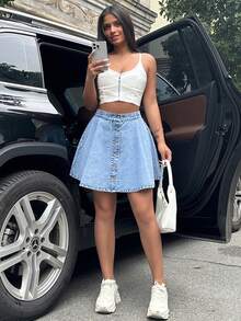 Teen Girls Fashion Casual Button Decor A-Line Flared Denim Skirt, Comfortable & Elegant Summer Holiday Style, Spring/Summer - Blue - View 4