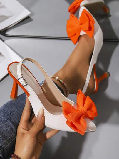Fall/Winter 2025 Spring/Summer New Pointed Toe Kitten Heel Shoes, Orange Color Block Bowknot Backless Strap Sandals, Elegant Versatile High Heels For Commute, Party, Vacation, Elegant,Stiletto Heels