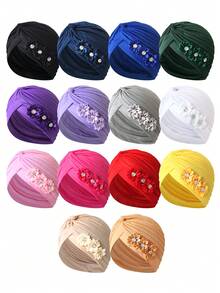 1pc Vintage Women's Solid Rhinestone Flower Casual Bandana Hair Wrap Hat, Versatile Watermelon Hat Hair Sleep Cap Sleep Bonnet,Beach,Travel - Multicolor - View 3