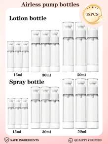 24pcs 15ml/30ml/50ml Transparent Plastic Airless Travel Pump Bottles, Suitable For Refilling Cosmetic Products Like Foundation, Cream, Shampoo, Toner. Made Of High Quality Plastic, , Reliable, Odorless And Non-Deformable/Breakable, Refillable For Reuse. Small Size For Easy Carrying In Makeup Bag Or Handbag. Suitable For Travel Or Home Use. 1pc/3pcs/6pcs/12pcs/18pcs/24pcs Set Available.