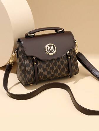 Retro Minimalist Printed Crossbody Bag With Adjustable PU Strap, Flap Closure , New Year