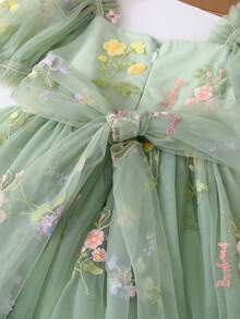 1 件女童可爱、优雅、甜美公主风格泡泡袖、蝴蝶结腰部、蝴蝶花朵刺绣、薄纱芭蕾舞短裙派对礼服、适合特殊场合的夏季沙滩裙 - 綠色 - 查看 5