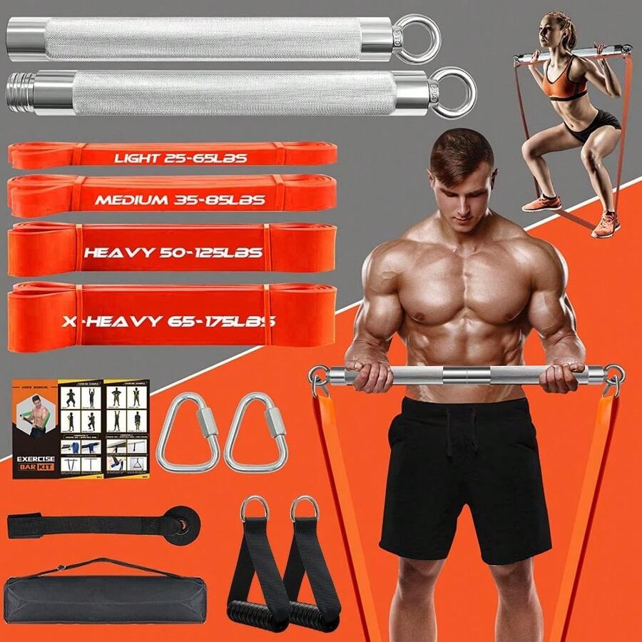 Portable Extra Heavy Home Gym Resistance Band Bar Set With 4 Stackable Resistance Bands,Detachable Full Body Workout Equipment Exercise Bar Kit,500LBS Longer Bar With Bands,Workout Guide Included - default - View 1