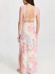 Women Y2K Lace Patchwork Floral Maxi Dress Sexy Cutout V-Neck Bodycon Party Dress Slit Backless Going Out Dress - Hồng - Xem 6