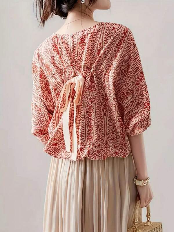Elegant Paisley Print Short Sleeve Blouse, Lantern Sleeve And Round Neck - Loose Fit, Polyester, Red Floral Design For Women, Suitable For Spring/Summer Outings, Outdoor Wear | Lantern Sleeve Shirt | Printed Shirt, Women Shirt