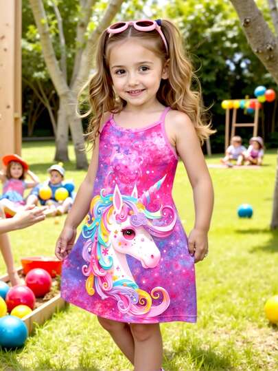 1pc Girls Cute Casual Colorful Unicorn Print Soft & Fade-Resistant Spaghetti Strap Dress, Spring/Summer
