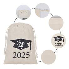 10 个/包米色印花毕业帽抽绳礼品袋，毕业礼品包装袋，印有 2025 年毕业帽图案，适合毕业派对和主题派对