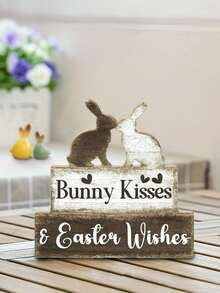 Rustic Wooden Sign - Bunny Kiss And Easter Blessing, Easter Wooden Ornaments, Farmhouse Tabletop Decor With Rabbit Silhouettes, Heart Accents & Bow Details, Holiday Home Desktop Decoration, Perfect For Home, Living Room, Or As A Gift For Easter, Rabbit Decor