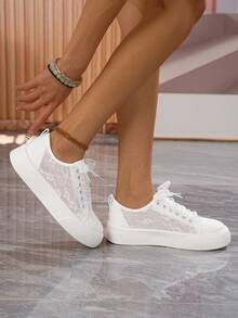 女士休闲运动鞋-女士透气系带软底舒适平底鞋，适合家居、街头散步、百搭、夏季小白鞋 - 白色 - 查看 7