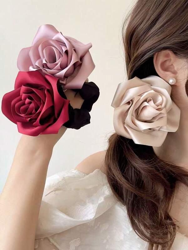1PC Hand-Made Large Rose Hair Scrunchies, Satin Rose Elegant Hair Flowers Scrunchies For Ladies, Rose Ponytail Scrunchie Hair Tie, Rose Flower Bracelet, Handcrafted Silk-Liked Fabric Flower Hair Holder Scrunchy Hair Ties
