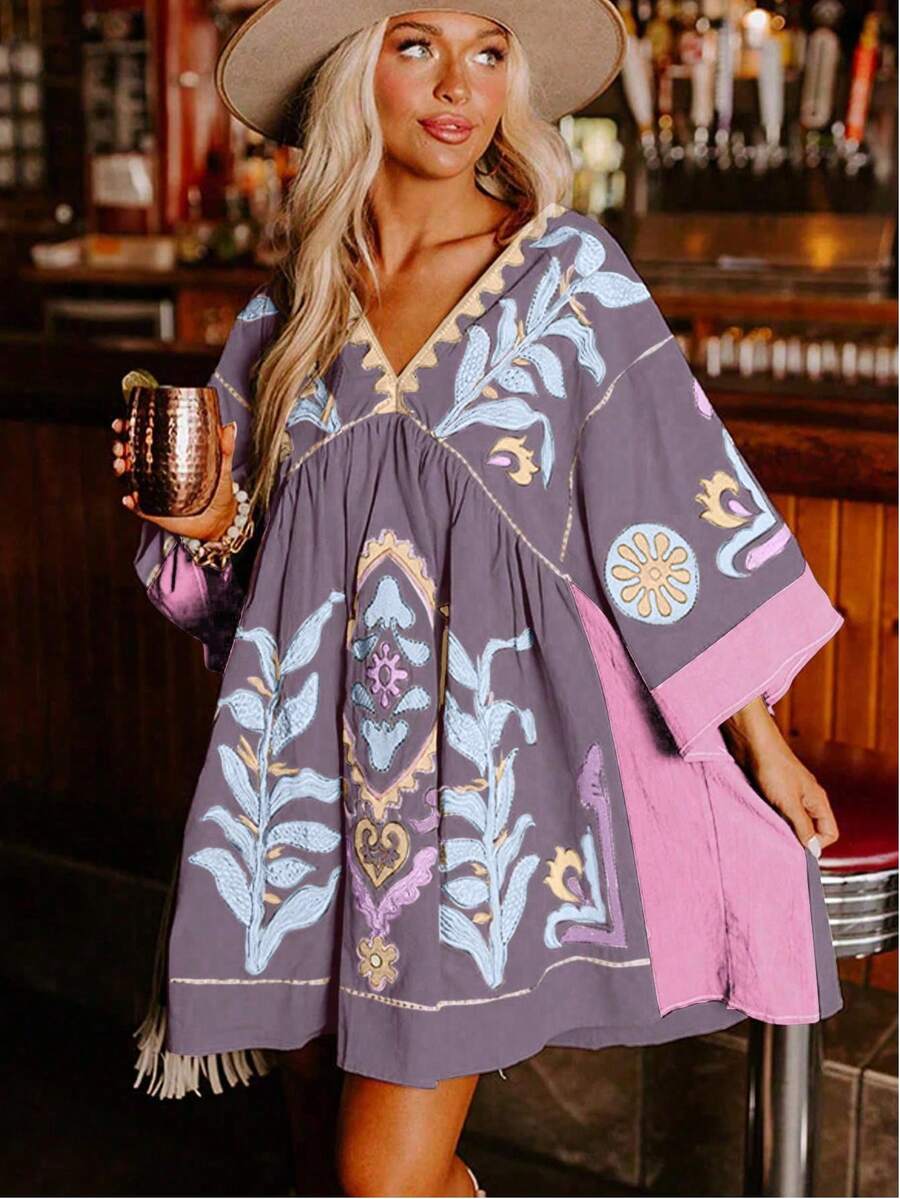 Vestido bohemio floral estampado de moda callejera casual y holgado, para primavera y verano - Morado - Ver 1