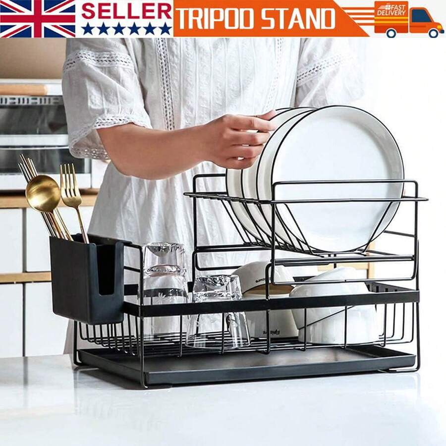 2 Tier Kitchen Dish Drainer Cutlery Holder Plates Bowls Large Sink Rack Drip Tray Kitchen Organization - Black - View 1