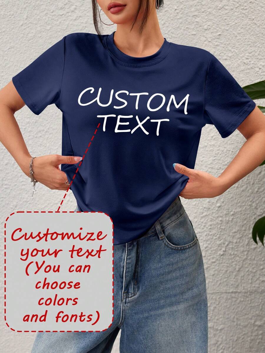 Customized Women's Short Sleeve T-Shirt, Add Your Text (Quote/Special Sentence/Funny Sentence/Name/Slogan, Etc.), Choose Favorite Colors And Fonts, Design Your Own Personalized Printed T-Shirt As A Gift For Girlfriends, Can Be Used For Anniversary, Valentine's Day, Mother's Day, Birthday, Holiday, Stylish, Fashion Summer - Navy Blue - View 1