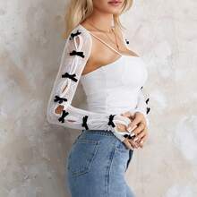 Women Lace Bolero Shrug Tops With Velvet Bows Hollow Out Shrug Open Front Cropped Cardigan Bolero Fishnet Shawl Arm Sleeves With Finger Holes Costume Accessories - 黑與白 - 查看 9