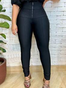 Calça Feminina Lipo Com Cinta Modeladora Alta Compressão Disfarça Barriga Com Ziper na Frente Plus Size