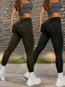 2pcs Women's Outdoor Sport Pants, Multi-Color Elastic High Waist Yoga Leggings With Pockets, Suitable For Cycling, Running, Tennis, Golf, Spring & Summer
