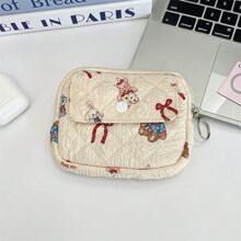 1pc Kawaii Quilted Flower Print Coin Purse With Bunny/Bowknot/Little Bear Pattern,Multifunctional Card Holder, Ins Style Korean Coin Purse Digital Bag Storage Bag.Portable And Stylish-Makeup Bag Portable Travel Toiletry Bag