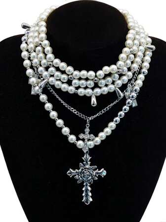 1 set Flerlagers Faux Pearl pärlhalsband, Unik Special Design Choker, Modetröjakedja för män och kvinnor