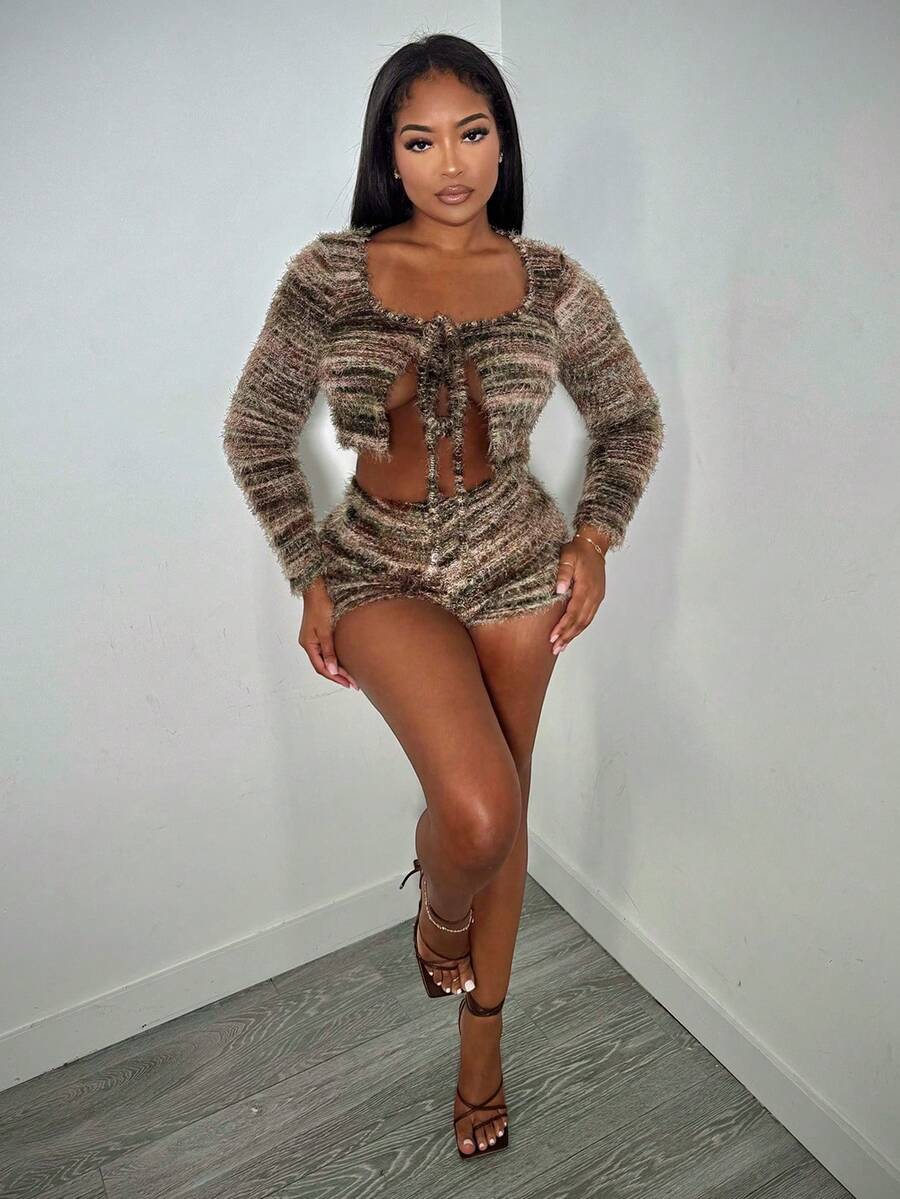 Alexandranx 性感女士长袖系腰开叉紧身短裤条纹毛绒 2 件套 - I