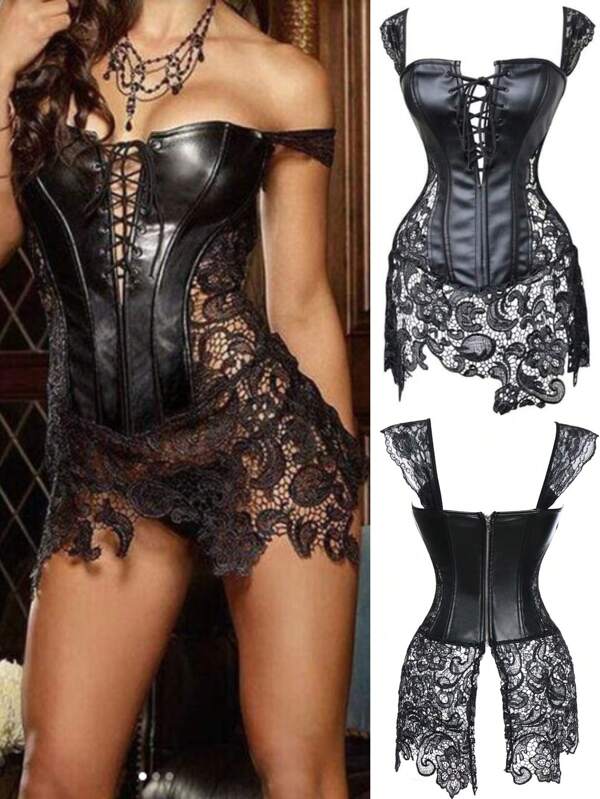 Faux Leather Women Sexy Corset Lace Up Bustier Top Overbust Retro Gothic Burlesque Basque Halloween Costume Cosplay Body Shaper Shapewear Lingerie Waist Cincher Plus Size Boned