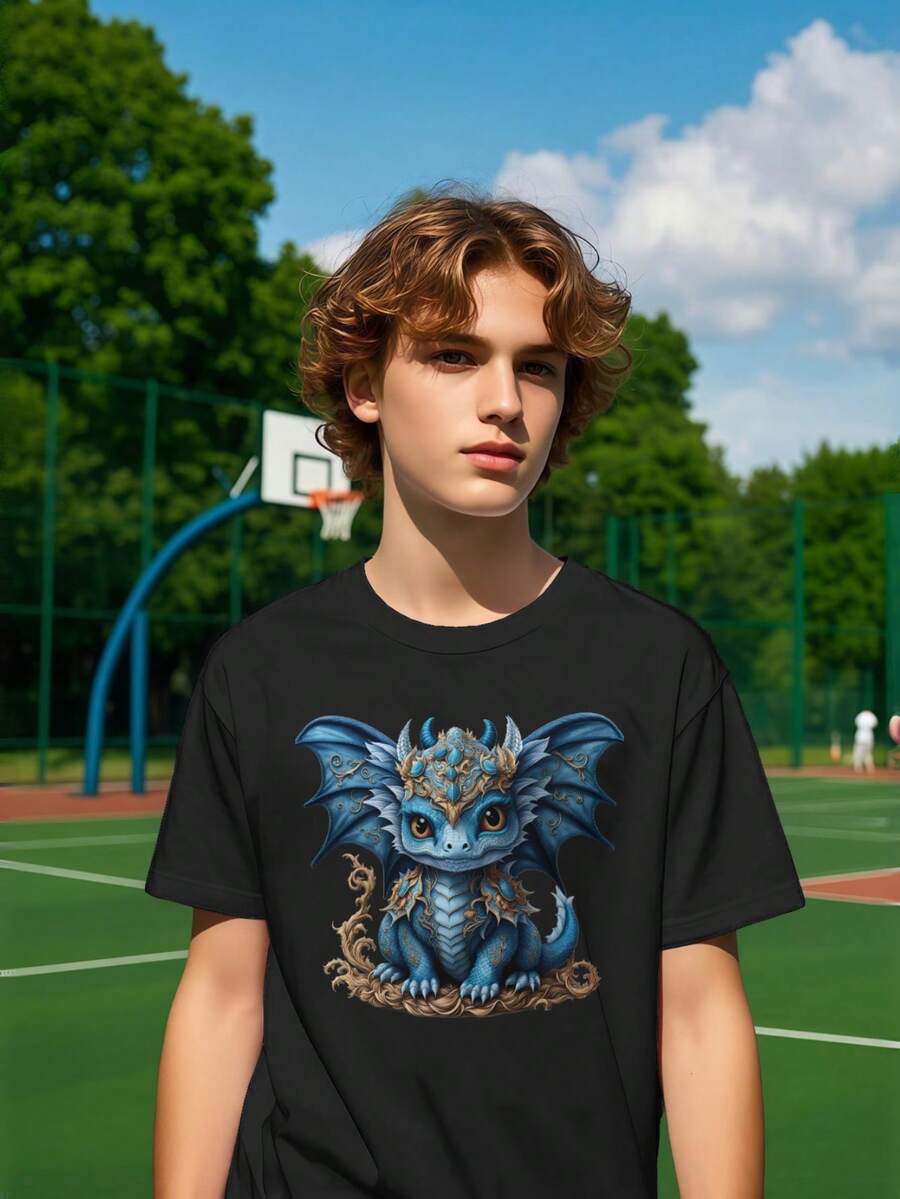 Boys Blue Baby Dragon Chibi Cute Dragon Kids Short Sleeve TShirt Adorable Mythical Creature Design Fantasy Art Graphic Tee Blue Little Dragon Kawaii Dragon Print Gift - Black - View 1