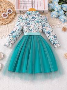 Young Girl Floral Print Mesh Long Sleeve Dress With Waist Belt