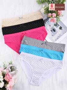 6 paquetes de ropa interior para mujer de talla grande con diseño de lunares y lazos, simple y a la moda, cintura elástica en algodón suave y elástico, apropiado para diversas ocasiones