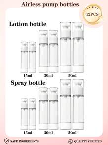 24pcs 15ml/30ml/50ml Transparent Plastic Airless Travel Pump Bottles, Suitable For Refilling Cosmetic Products Like Foundation, Cream, Shampoo, Toner. Made Of High Quality Plastic, , Reliable, Odorless And Non-Deformable/Breakable, Refillable For Reuse. Small Size For Easy Carrying In Makeup Bag Or Handbag. Suitable For Travel Or Home Use. 1pc/3pcs/6pcs/12pcs/18pcs/24pcs Set Available.