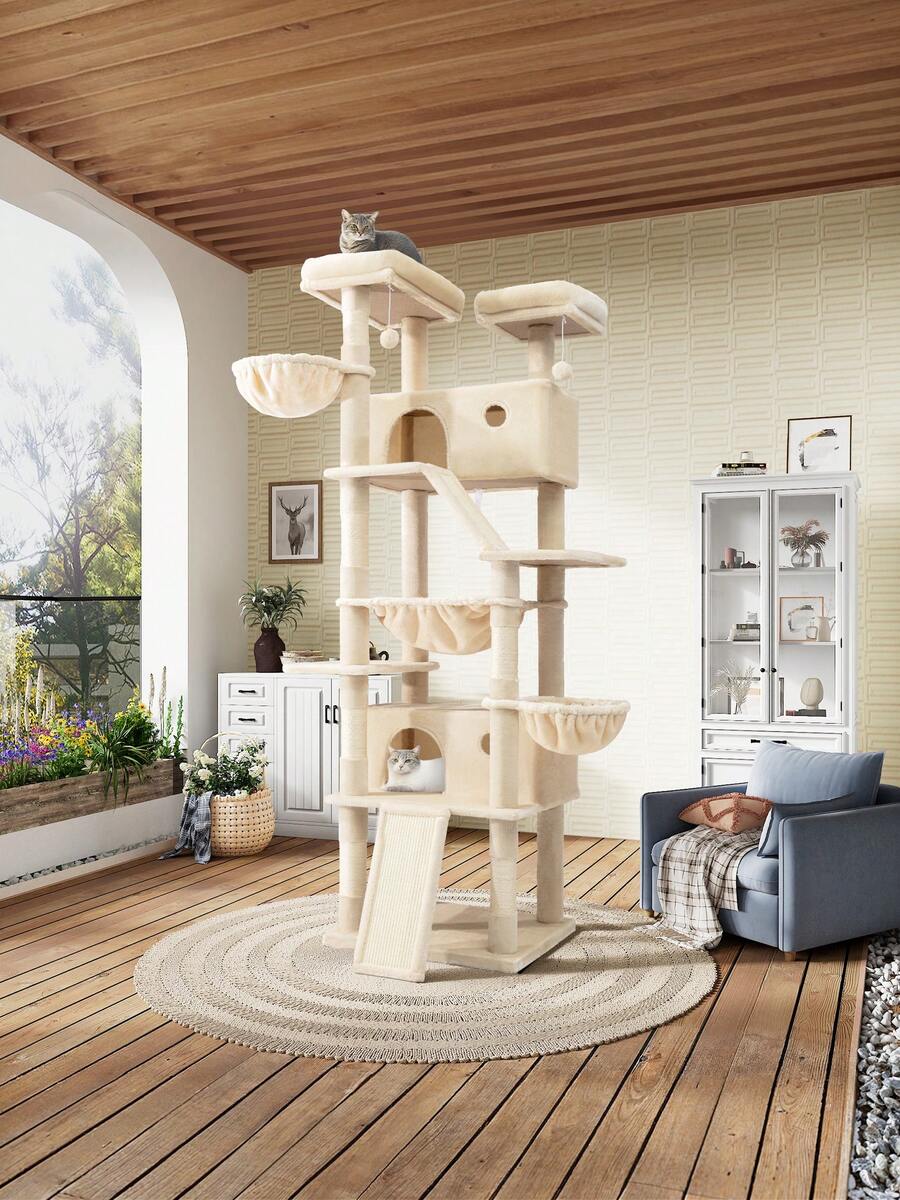 SHA CERLIN 81in Multi-Level Tall Cat Tree Tower For Indoor Kitties/Larger Cat Condo Furniture With Hammock/Cozy Pussycat Perches/Sisal Scratching Posts/Pet House/Wide Base, Grey|Beige|Dark Grey|Pink|Leopard Print|White & Black Spot - 米色 - 查看 1
