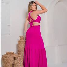 Long Ruffle Dress With Triangle Front And Cross Detail At The Waist - Rose Red - View 6