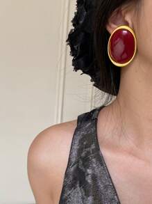 1 Pair Metal Oval Red Exaggerated Earrings, Fashionable Minimalist Royal Style Ear Clips For Women & Girls, Weddings & Parties