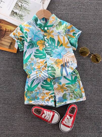 Kids Summer Tropical Leaf & Floral All-Over Print Polo Collar Short Sleeve Top And Shorts Set