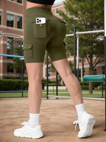 Pantaloncini cargo a vita alta da donna, controllo pancia, lunghezza interno gamba 12,7 cm, pantaloncini atletici da allenamento
