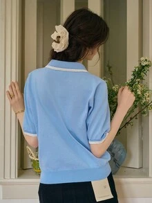 Simple Retro 春夏彼得潘领花卉刺绣修身短款针织开衫 - 藍色 - 查看 10