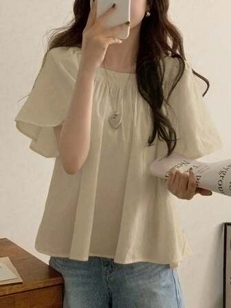 女式纯色简约休闲百褶立领宽松衬衫