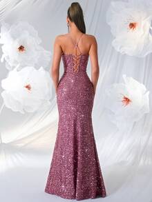 ADYCE Đầm dự tiệc hở lưng buộc dây phía trước bằng vải sequin cho nữ, trang trọng, váy dạ hội, cho khách dự tiệc cưới - Bụi hồng - Xem 2