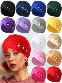 1pc Vintage Women's Solid Rhinestone Flower Casual Bandana Hair Wrap Hat, Versatile Watermelon Hat Hair Sleep Cap Sleep Bonnet,Beach,Travel - Multicolor - View 2