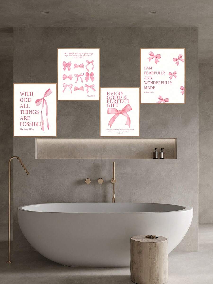 1/4 Stück/Set rosa Schleife Wandkunst Zimmer Deko Poster Aufkleber, rosa Schleife Zimmer Schlafzimmer Deko Badezimmer Deko Wandkunst Deko Ästhetische Aufkleber, für Teenager Mädchen Geschenke, inspirierende Bibelverse Schleife Wanddekoration, ungerahmte Schleifen-Dekorationsaufkleber, PVC wasserfeste selbstklebende Wandaufkleber, perfekt für Hochzeit Geburtstag Abschluss Geschenke