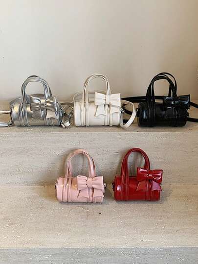 Mini geantă la modă cu decorațiuni cu fundă, geantă de mână drăguță de culoare solidă, geantă cu ruj