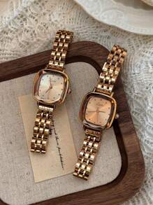 1 nuevo reloj de cuarzo dorado de estilo clásico francés retro, de alta gama, elegante y pequeño, con una pulsera de acero inoxidable sólido de alta calidad y hebilla de mariposa, de estilo artístico de moda y sencillo, de diseño de nicho elegante y encantador, apto para uso diario y como regalo de cumpleaños