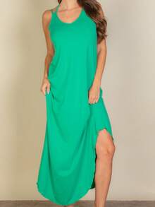 Women's Elegant Sleeveless V-Neck Knitted Fabric Long Dress With Asymmetrical Hem And Split Thigh Casual Loose Fit - màu xanh lá - Xem 2
