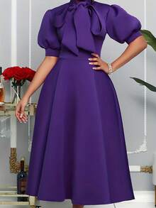 Elegant Solid Color Lace-Up Patchwork Dress - Purple - View 1