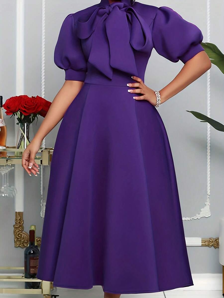 Elegant Solid Color Lace-Up Patchwork Dress - Purple - View 1