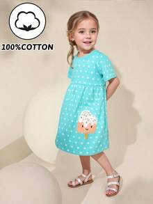 年轻女孩针织短袖连衣裙，卡通冰淇淋刺绣图案，夏季透气设计