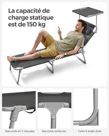 SONGMICS Bain de Soleil, Chaise Longue Pliable, Transat, 193 x 53 x 29 cm, Capacité 150 kg, Pare-Soleil, Dossier Inclinable, Jardin, Piscine, Terrasse, Rouge/ Bleu/ Noir/ Taupe/ Grège - Gris foncé - Voir 6