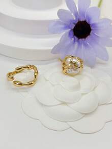 2pcs/Set Fashionable Unique Design Rings For Women, Asymmetrical Moon & Pearl Ring, Luxurious - Yellow Gold - View 4