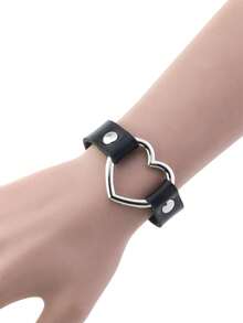 1pc Simple Cute Hollow Heart Shaped Leather Bracelet, Punk Goth Style Accessory - Black - View 1