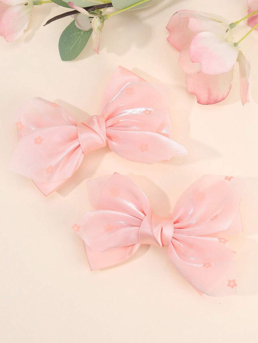 2pcs Pink Mesh Hair Bows For Girls Flower Pattern Ribbon Bow Hair Clips Sweet Princess Alligator Clips Hairpins Daily Barrettes Kids Baby Hair Accessories - Pink - View 1