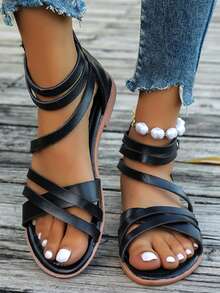 女士平底罗马凉鞋，露趾低跟扣镂空高帮靴，百搭平底凉鞋 - 黑色 - 查看 2