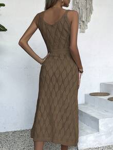 Women's Casual V-Neck Solid Color Crochet Slit Hem Dress, All-White Summer, Cream Yellow Back To School Autumn, Dignified Long Party Dress For Autumn/Winter (Pattern Random)